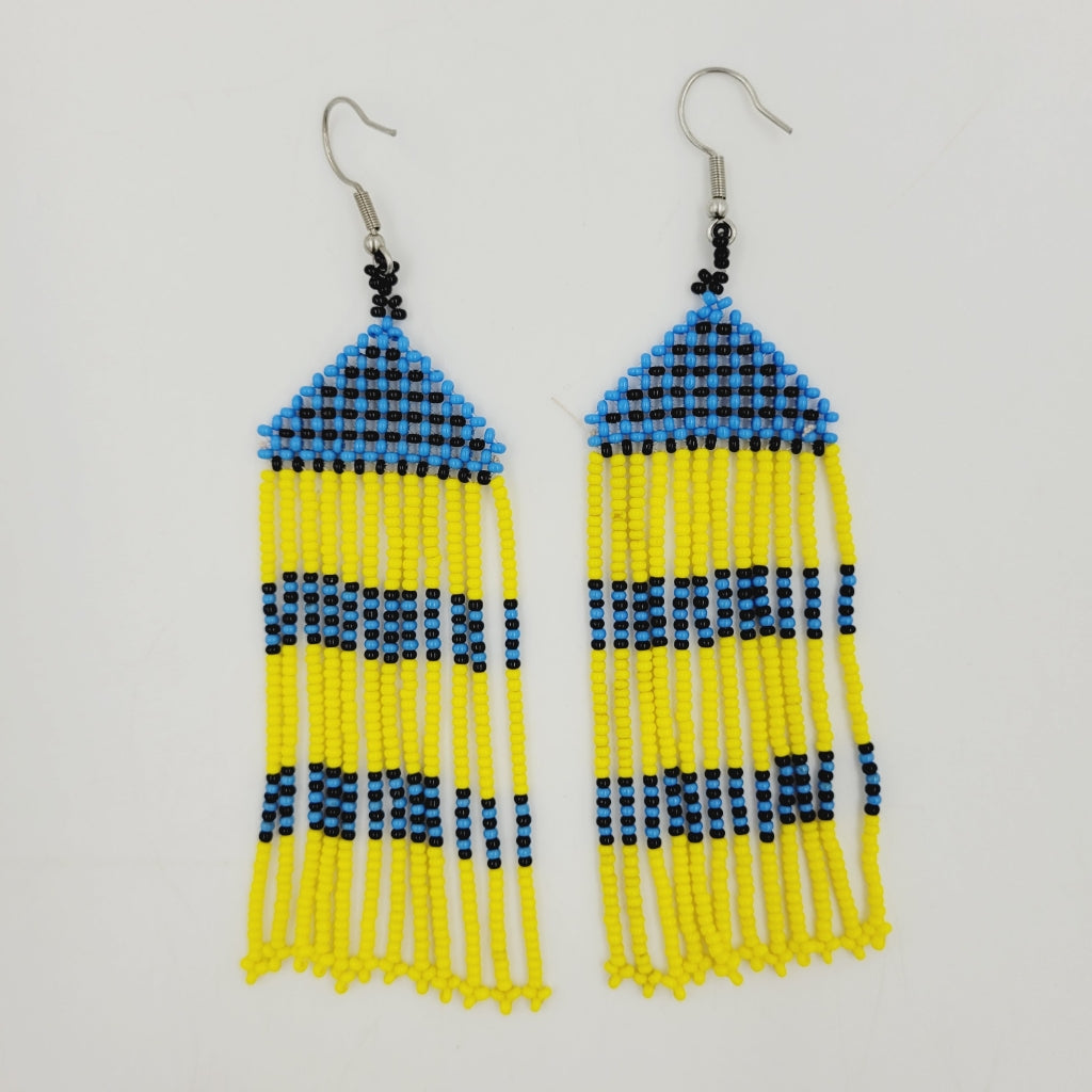 Brinco Franja Amarelo e Azul Miçanga