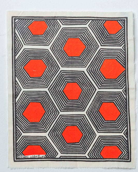 Grafismo Asurini Preto, Branco e Vermelho, Hexágonos · 24 × 21 cm
