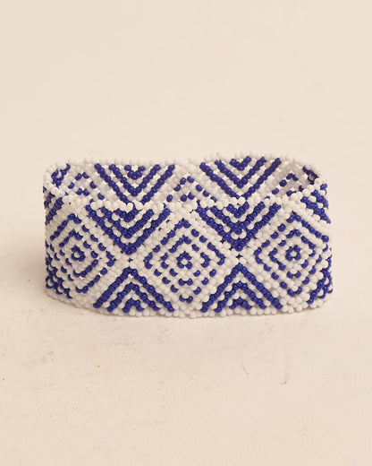 Pulseira de Miçanga Azul e Branca Fio Elástico Povo Waura