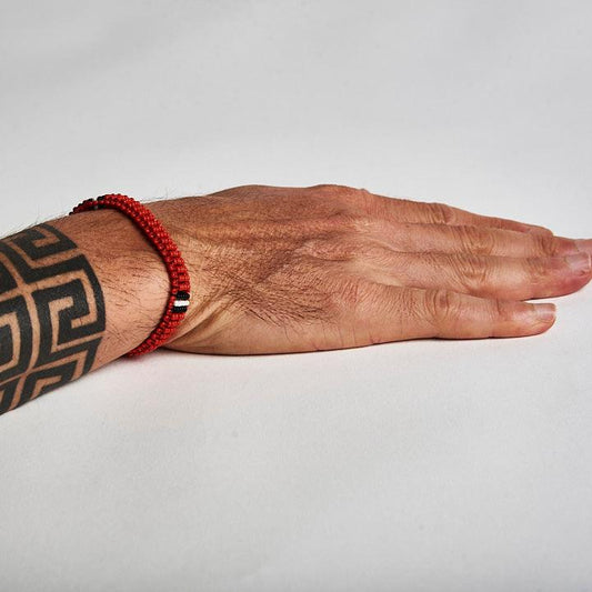 Pulseira de Miçanga Elástica Branca Preta e Vermelha Kamayurá